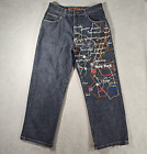 XO Jeans Men’s 36x32 Blue Baggy Wide Leg Denim New York Map Embroidered Punk