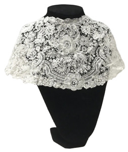 Antique Victorian Womens Bobbin Brussells Lace Bertha Collar Shawl White Floral