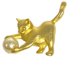 Vintage Brushed Gold Tone Cat Pin Brooch Tail Up Playing with Pearl Ball