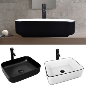 Bathroom Vessel Sink Faucet Combo Basin Bowl Pop up Drain Ceramic Rectangular