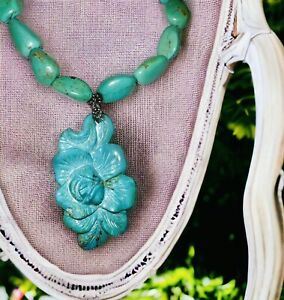 Antique Turquoise Carved Rose And Fine Silver Necklace Stunner 100% Authentic