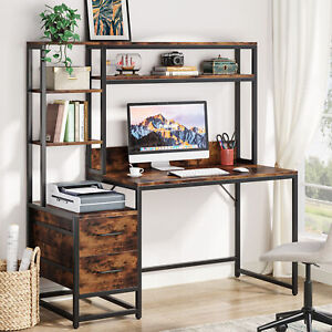 Rustic Computer Desk with Hutch Shelf Gaming Study Writing Table with 2 Drawers