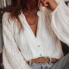 L New White Lace Long Sleeve V-Neck Button Front Blouse Top Women's Size LARGE