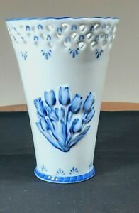 Delftware Royal Twickel Blue Tulips White Pierced Vase Excellent Condition 