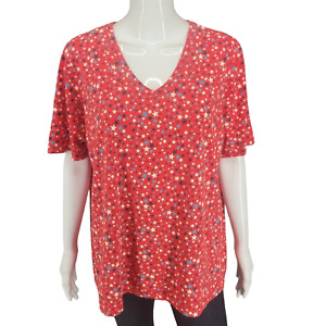 Lands End Top 1X Plus Size Red Star Print Supima Cotton Relaxed Summer Tee Shirt