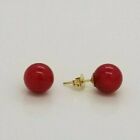 Red Coral Round Ball Stud Earrings 14K Yellow  Gold Filled