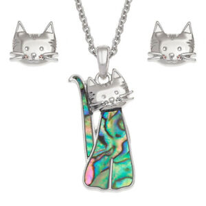 Tide Jewellery inlaid blue Paua shell cute sitting cat pendant and earring set