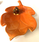 Thanksgiving Leaf Shape Dish Turkey Figurine Signed Bonnie Lynn RUSS Orange