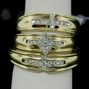 3.44 Ct Round Simulated Diamond His Her Wedding Trio Ring Set Yellow Gold Plated