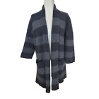Eileen Fisher 100% Merino Wool Black Gray Striped Open Front Long Cardigan