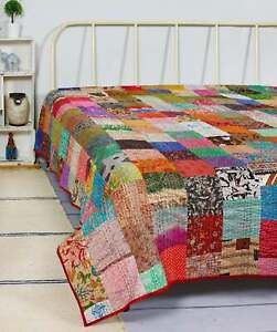 Indian Vintage Silk handmade Patchwork Kantha Quilt Bedspread Blanket Throw