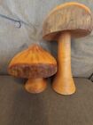 2 Vtg Wooden Garden Mushrooms W/ Bark 10