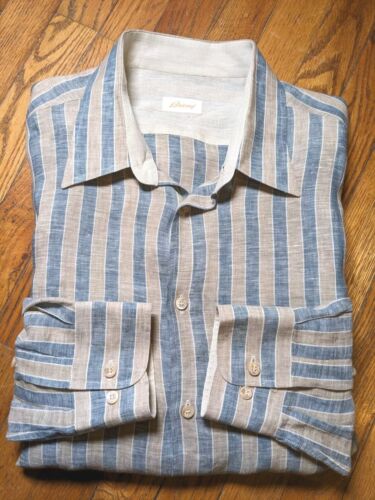 Brioni Button Up Linen Shirt Long Sleeve Striped Mens Size XL