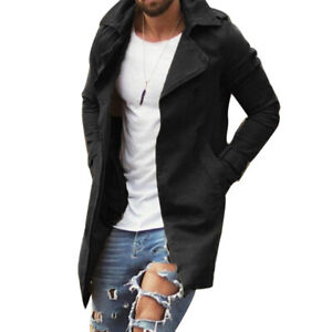 Mens Lapel Trench Coat Outwear Overcoat Long Sleeve Winter Slim Warm Jacket Tops