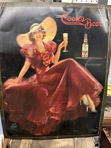 EARLY 1938 28 x 22 COOK'S GOLDBLUME BEER TIN LITHO SIGN-GRAPHIC Woman & Bottles