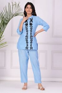 Indian Stitched Printed Co-ord Set, Designer Cotton Sky Blue Top-Pant for Women