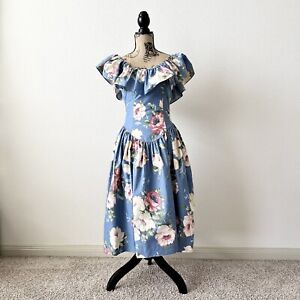 Vintage S. G. Gilbert Floral Off the Shoulder Dress in Blue Size 6