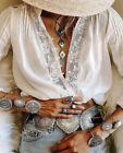 S New White Lace Long Sleeve Gypsy Boho Blouse Vtg 70s Insp Top Womens SMALL