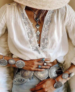 XL New White Lace Long Sleeve Gypsy Boho Blouse Folk 70s Insp Top Womens X-LARGE