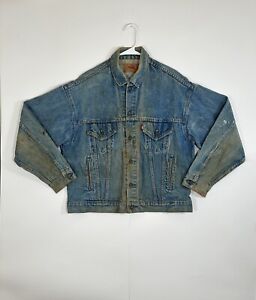 Vintage 80s Levis Denim Blue Jean Jacket Size Large USA Fade Very Distress Dirty
