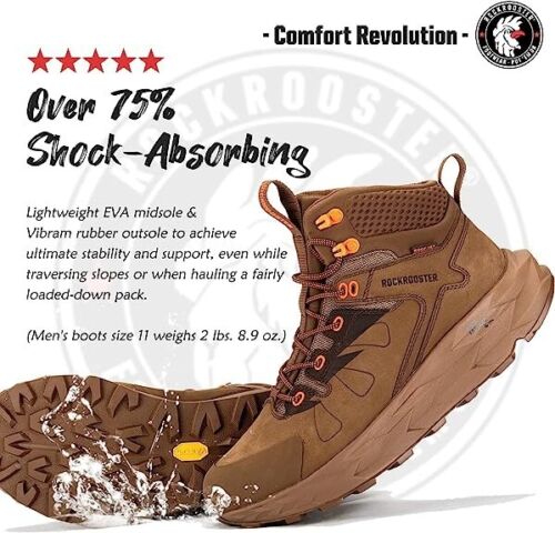 ROCKROOSTER Farmington Waterproof Hiking Boots, Anti-Fatigue Leather Shoes