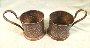 Two 2 Vintage Russian Silver Tea Cup Holders Grape + Leaf Pattern