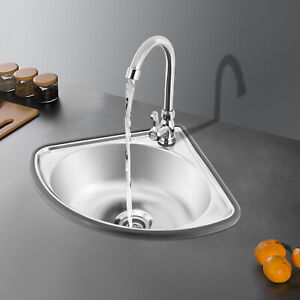 Single Triangle Wash Basin Corner Sink Small Bar Sink Stainless Steel w/ Faucet