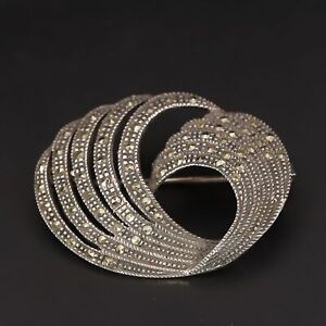 Sterling Silver - ART DECO Marcasite Pave Swirl Statement Brooch Pin - 8g