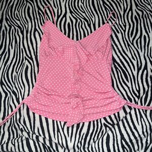 Coquette Y2k Pink Polka Dot Milkmaid Ruffle Ruched Tank L Vintage Oxygene