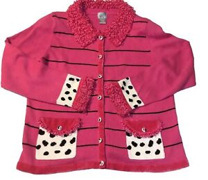 Berek Cardigan Sweater Pink Cow Print Button Front Collar Size Large Vintage