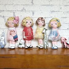 Vintage Handmade Fabric Girl Dolls Aunt Lindy Soft Stuffed Complete Set Of 8