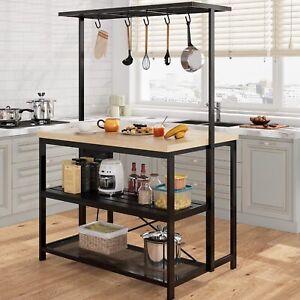 Kitchen Island with Storage Bakers Rack with Power Outlet Storage Shelf 5 Hooks
