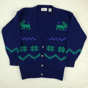 Vintage Heirlooms Sweater Wool Fair Isle Snowflake Moose Cardigan Womens Large