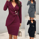 Elegant Women V-Neck Long Sleeve Buttons Bodycon Formal Party Office Dress