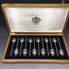 Antique Russian 88 Silver Enamel 12 Spoons Set Khlebnikov Rare