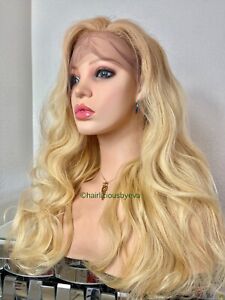 Luxury Human Hair Golden Blonde Wig Ombré Wavy Layered Lace Front 22 Inch Long