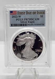 New Listing2022 W PROOF SILVER EAGLE PCGS PR70 DCAM FLAG FIRST DAY OF ISSUE FDI LABEL