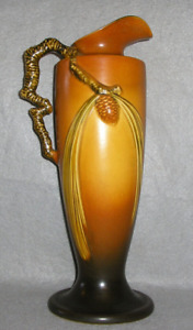 Antique Art Pottery Roseville Ewer Vase Pitcher Pine Cone Golden Brown 851-15