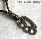 Urban Vintage style Genuine Leather Necklace with Metal Brass Knuckles Pendant