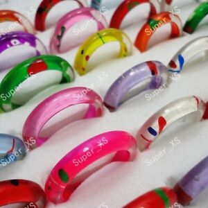 100Pcs Wholesale Lots Graffiti Colourful Women Resin Plastic Rings Girls Jewelry