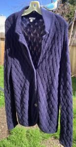 Talbots vtg womens cardigan XL Navy basket weave cotton blend