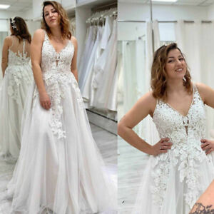 A-Line Lace Appliques Wedding Dresses V Neck Sleeveless Bridal Gowns Custom Size