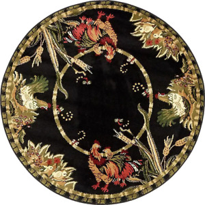 Round Area Rug Barnyard Farm Black 4 ft. x 4 ft. Rooster Fade Stain Resistant