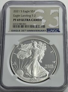 2021 S $1 T-2 NGC PF69 ULTRA CAMEO PROOF SILVER EAGLE LANDING 35TH ANNIV LABEL