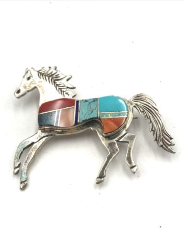 Southwestern Sterling Silver Multi Stone Inlay Running Horse Brooch Pins