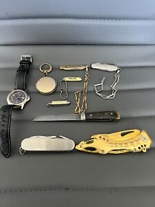 New ListingGrandpa's Junk Drawer Lot Pocket Knives Watch Letter Opener Golf Tool