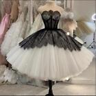 Gothic Short Wedding Dresses Black White Sweetheart Tea Length Lace Bridal Gowns
