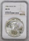 1986 (S) NGC MS70 $1 SILVER EAGLE 1 OZ STRUCK AT SAN FRANCISCO FIRST YEAR ISSUE