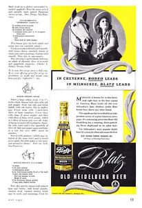 1940 Cowgirl & Horse photo Blatz Old Heidelberg Beer vintage print ad