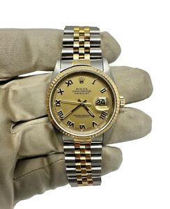 Rolex Datejust 36 16233 Champagne Silk Roman Dial Men's Watch Two Tone Jubilee